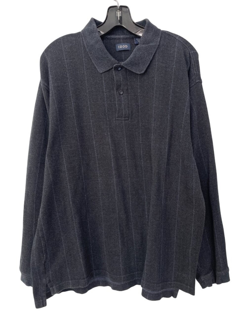 Izod Polo Shirt Large Long Sleeve Herringbone Stripe Navy Blue Retro Grandpacore